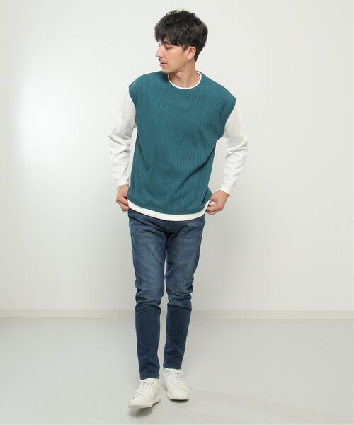 ikka(イッカ)の「ランダムジャガードフェイクベストロンT(Tシャツ/カットソー・メンズ・ブルー/グリーン/ベージュ/ネイビー・S/M/L/XL)」の14枚目の写真
