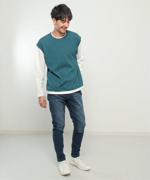 ikka(イッカ)の「ランダムジャガードフェイクベストロンT(Tシャツ/カットソー・メンズ・ブルー/グリーン/ベージュ/ネイビー・S/M/L/XL)」の15枚目の写真