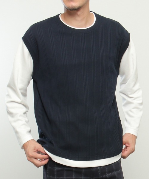 ikka(イッカ)の「ランダムジャガードフェイクベストロンT(Tシャツ/カットソー・メンズ・ブルー/グリーン/ベージュ/ネイビー・S/M/L/XL)」の3枚目の写真