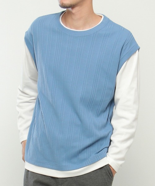 ikka(イッカ)の「ランダムジャガードフェイクベストロンT(Tシャツ/カットソー・メンズ・ブルー/グリーン/ベージュ/ネイビー・S/M/L/XL)」の4枚目の写真