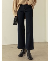 [低身長/高身長/大きいサイズ有]裏フリースストレッチワイドストレートデニムパンツ