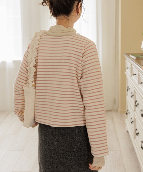 flower(フラワー)の「チアフルボーダートップ(カーディガン/ボレロ・レディース・ピンク/ホワイト・FREE)」の7枚目の写真