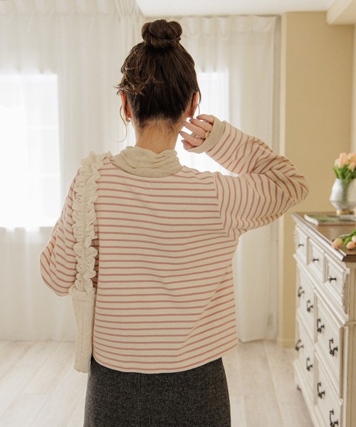 flower(フラワー)の「チアフルボーダートップ(カーディガン/ボレロ・レディース・ピンク/ホワイト・FREE)」の6枚目の写真