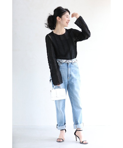 腕のラインは見せない 袖ゆったり レースロンT（Tシャツ