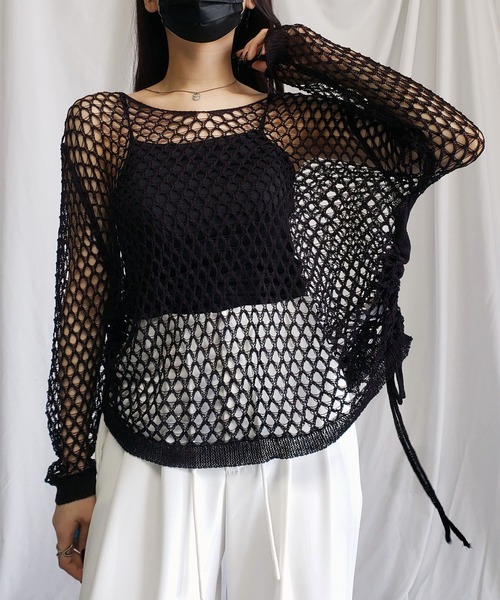 セール】※【 キャミソール付き 】サイドリボンオーバーメッシュ