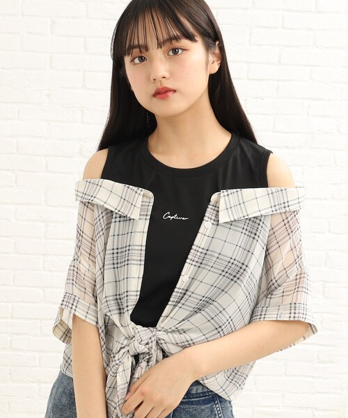 PINK-latte(ピンクラテ)の「◆【2WAY/130cm】着回しバツグン!シアーシャツレイヤードトップス(シャツ/ブラウス・キッズ・アイボリー/ベビーピンク/ライトグリーン/ブルー系6/ブルー系2/アイボリー系1/サックスブルー系1・15 /14/16/13)」の3枚目の写真