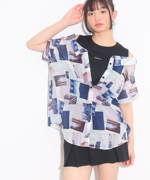 PINK-latte(ピンクラテ)の「◆【2WAY/130cm】着回しバツグン!シアーシャツレイヤードトップス(シャツ/ブラウス・キッズ・アイボリー/ベビーピンク/ライトグリーン/ブルー系6/ブルー系2/アイボリー系1/サックスブルー系1・15 /14/16/13)」の5枚目の写真