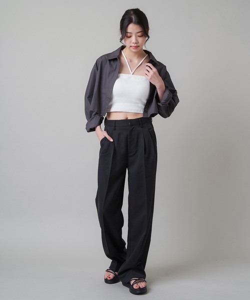 SPINNS（スピンズ）の「ハイウエストデザイン ストレートパンツ（スラックス・レディース・チャコール/ブラック・S/M）」の5枚目の写真