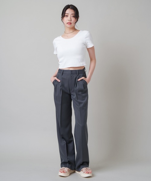 SPINNS（スピンズ）の「ハイウエストデザイン ストレートパンツ（スラックス・レディース・チャコール/ブラック・S/M）」の7枚目の写真