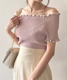 フリルオフショルリブニット