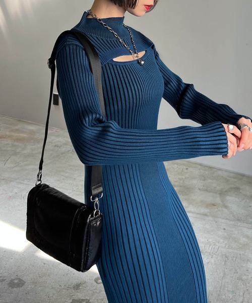 PAGEBOY（ページボーイ）の「ハイショクリブ2Pワンピース（ワンピース・レディース・ターコイズブルー/オフホワイト/モカ・FREE）」の3枚目の写真