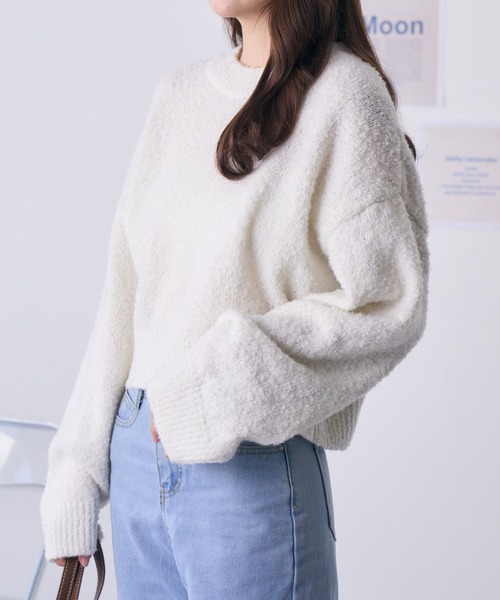 Ada.(エイダ)の「ブークレ クロップド 萌え袖 ニット(ニット/セーター・レディース・ダークパープル/ベージュ系/オフホワイト/チャコール・FREE)」の18枚目の写真