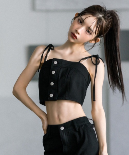 OLIVE des OLIVE（オリーブデオリーブ）の「肩リボンビスチェ　1032040120（キャミソール・レディース・チャコールグレー/ブラック・FREE）」の3枚目の写真
