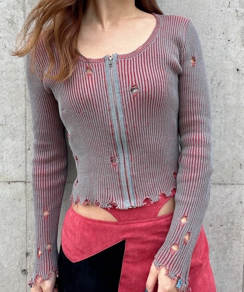 DURAS(デュラス)の「Damage design knit(ニット/セーター・レディース・カーキ/マルチ/レッド・FREE)」の3枚目の写真