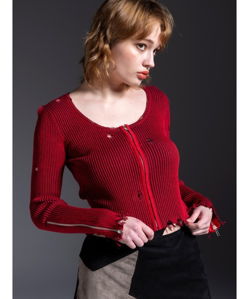 DURAS(デュラス)の「Damage design knit(ニット/セーター・レディース・カーキ/マルチ/レッド・FREE)」の7枚目の写真