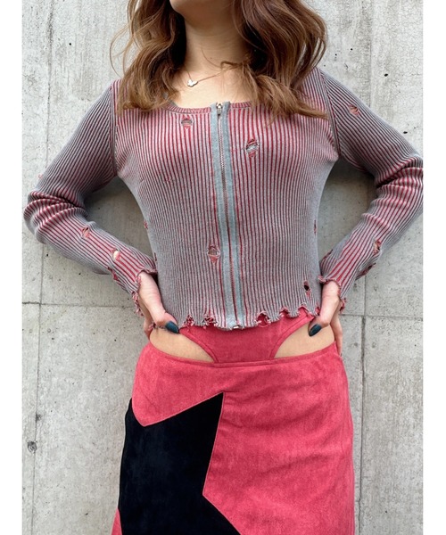 DURAS(デュラス)の「Damage design knit(ニット/セーター・レディース・カーキ/マルチ/レッド・FREE)」の9枚目の写真