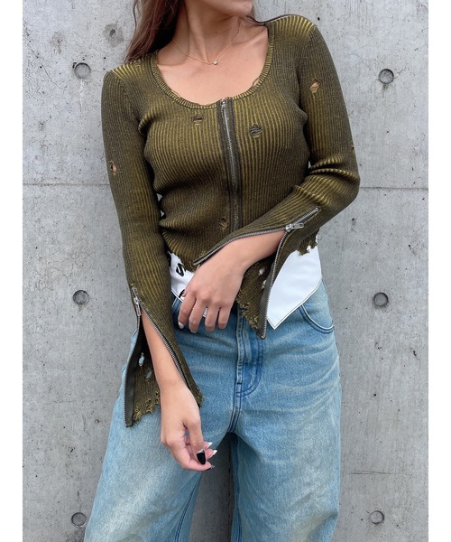 DURAS(デュラス)の「Damage design knit(ニット/セーター・レディース・カーキ/マルチ/レッド・FREE)」の12枚目の写真