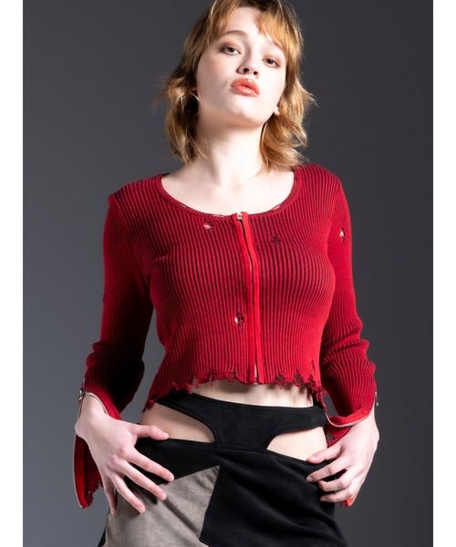 DURAS(デュラス)の「Damage design knit(ニット/セーター・レディース・カーキ/マルチ/レッド・FREE)」の6枚目の写真