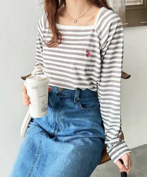 U.S. POLO ASSN.(ユーエスポロアッスン)の「GeeRA別注【U.S. POLO ASSN.】秋冬コーデに使える!華奢見えスクエアネックボーダーロングスリーブカットソー(Tシャツ/カットソー・レディース・ブラック/グレー系その他・LARGE/MEDIUM)」の2枚目の写真
