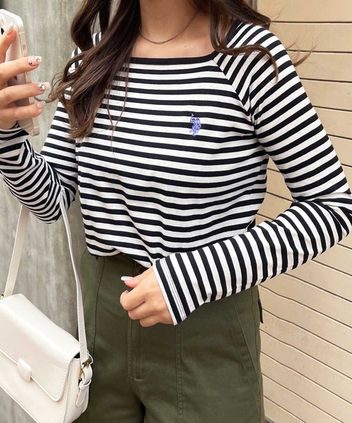 U.S. POLO ASSN.(ユーエスポロアッスン)の「GeeRA別注【U.S. POLO ASSN.】秋冬コーデに使える!華奢見えスクエアネックボーダーロングスリーブカットソー(Tシャツ/カットソー・レディース・ブラック/グレー系その他・LARGE/MEDIUM)」の16枚目の写真