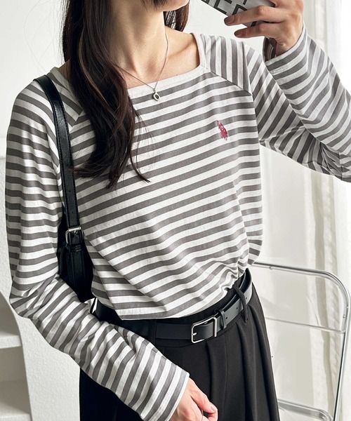 U.S. POLO ASSN.(ユーエスポロアッスン)の「GeeRA別注【U.S. POLO ASSN.】秋冬コーデに使える!華奢見えスクエアネックボーダーロングスリーブカットソー(Tシャツ/カットソー・レディース・ブラック/グレー系その他・LARGE/MEDIUM)」の21枚目の写真