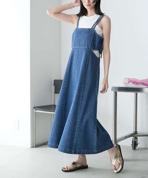 forksy.】デニムウエストサイドカットキャミワンピース（ジャンパー