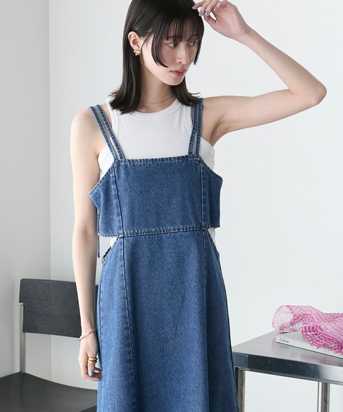 美品✨FOXEY フォクシー デニムワンピース ジャンパースカート フレア 38 伸縮性◎】フレアデニムジャンパースカート（51015509