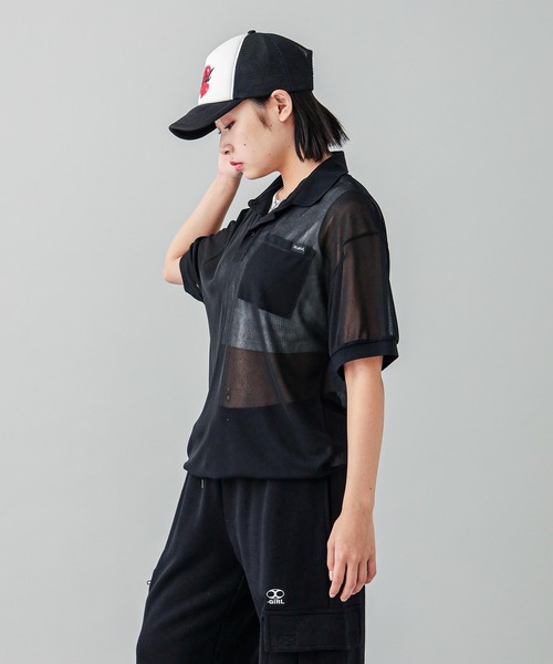 X-girl（エックスガール）の「SHEER POLO TOP（ポロシャツ・レディース・ブラック/ピンク・S/M）」の5枚目の写真