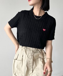 CLEA | ワンポイントハート刺繍 半袖サマーニットトップス(Tシャツ/カットソー)