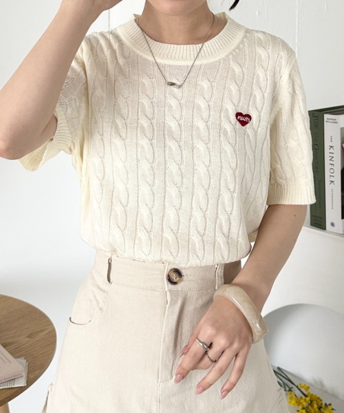 CLEA（クレア）の「ワンポイントハート刺繍 半袖サマーニットトップス（Tシャツ/カットソー・レディース・アイボリー/グレー/ピンク/ベージュ/ブラック・FREE）」の12枚目の写真