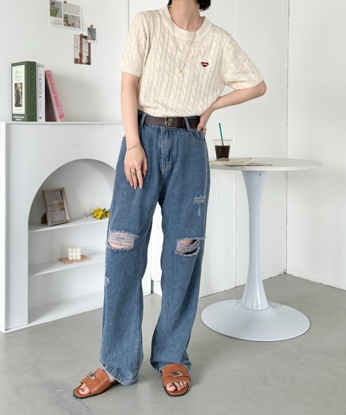 セール】ワンポイントハート刺繍 半袖サマーニットトップス（Tシャツ 