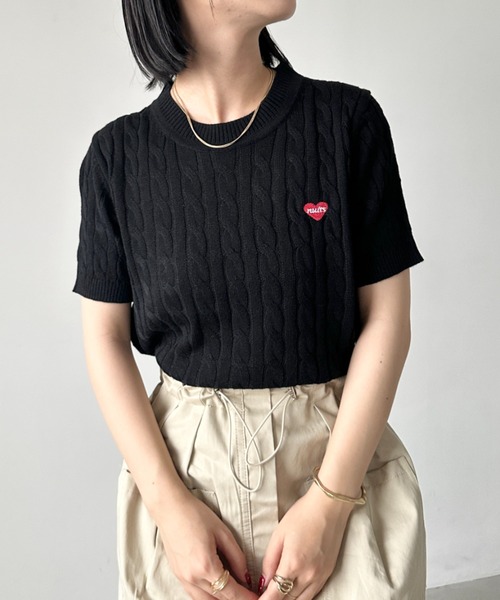 セール】ワンポイントハート刺繍 半袖サマーニットトップス（T