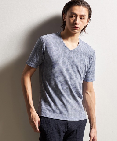 HIDEAWAYS NICOLE（ハイダウェイニコル）の「ブロックリンクスＶネック半袖プルオーバー（Tシャツ/カットソー・メンズ・ピンク/ライトグレー/ホワイト/サックスブルー/ブラック・LARGE/MEDIUM/X-LARGE）」の4枚目の写真