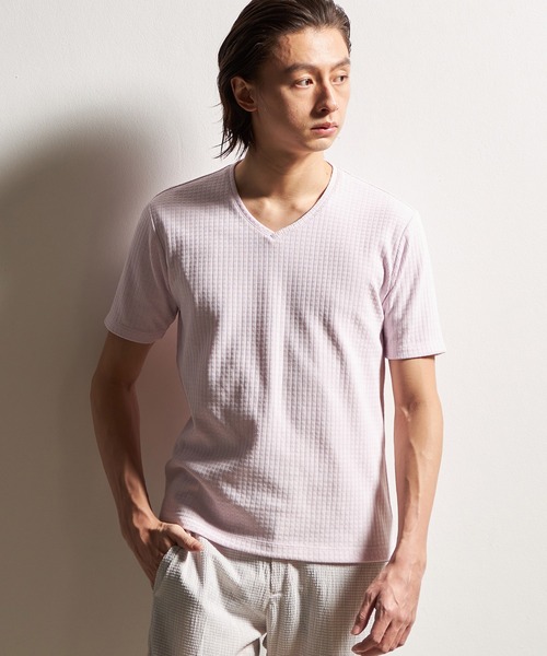 HIDEAWAYS NICOLE（ハイダウェイニコル）の「ブロックリンクスＶネック半袖プルオーバー（Tシャツ/カットソー・メンズ・ピンク/ライトグレー/ホワイト/サックスブルー/ブラック・LARGE/MEDIUM/X-LARGE）」の5枚目の写真