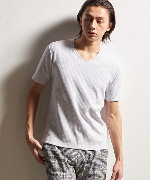 HIDEAWAYS NICOLE（ハイダウェイニコル）の「ブロックリンクスＶネック半袖プルオーバー（Tシャツ/カットソー・メンズ・ピンク/ライトグレー/ホワイト/サックスブルー/ブラック・LARGE/MEDIUM/X-LARGE）」の3枚目の写真