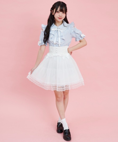 Secret Honey（シークレットハニー）の「肩開きラッフル裾フリルブラウス（シャツ/ブラウス・レディース・オフホワイト/ブルー・MEDIUM）」の8枚目の写真