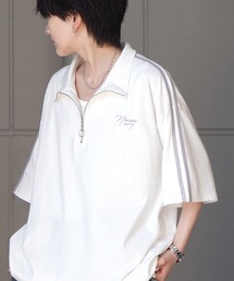 ナチュラルドレープ とろみポンチ ビッグシルエット ワンポイント刺繍 ドロストハーフジップ半袖Tシャツ カットソー ユニセックス