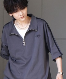 ナチュラルドレープ とろみポンチ ビッグシルエット ワンポイント刺繍 ドロストハーフジップ半袖Tシャツ カットソー ユニセックス