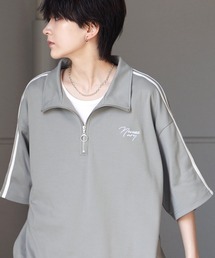 ナチュラルドレープ とろみポンチ ビッグシルエット ワンポイント刺繍 ドロストハーフジップ半袖Tシャツ カットソー ユニセックス