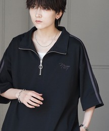 ナチュラルドレープ とろみポンチ ビッグシルエット ワンポイント刺繍 ドロストハーフジップ半袖Tシャツ カットソー ユニセックス