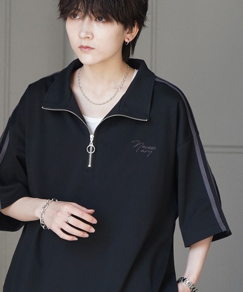 Confirm(コンファーム)の「ナチュラルドレープ とろみポンチ ビッグシルエット ワンポイント刺繍 ドロストハーフジップ半袖Tシャツ カットソー ユニセックス(Tシャツ/カットソー・メンズ・チャコールグレー/グレー/ホワイト/ミント/サックスブルー/ブラック・L/M)」の3枚目の写真