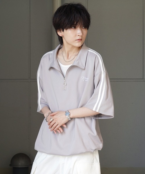 Confirm(コンファーム)の「ナチュラルドレープ とろみポンチ ビッグシルエット ワンポイント刺繍 ドロストハーフジップ半袖Tシャツ カットソー ユニセックス(Tシャツ/カットソー・メンズ・チャコールグレー/グレー/ホワイト/ミント/サックスブルー/ブラック・L/M)」の9枚目の写真