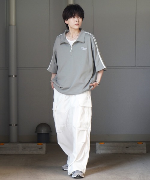 Confirm(コンファーム)の「ナチュラルドレープ とろみポンチ ビッグシルエット ワンポイント刺繍 ドロストハーフジップ半袖Tシャツ カットソー ユニセックス(Tシャツ/カットソー・メンズ・チャコールグレー/グレー/ホワイト/ミント/サックスブルー/ブラック・L/M)」の15枚目の写真