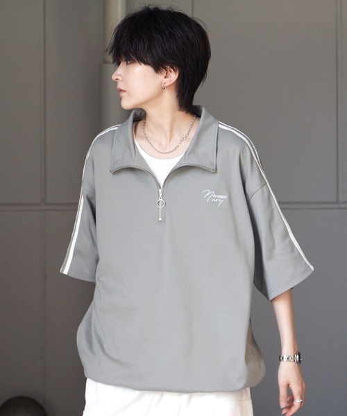 Confirm(コンファーム)の「ナチュラルドレープ とろみポンチ ビッグシルエット ワンポイント刺繍 ドロストハーフジップ半袖Tシャツ カットソー ユニセックス(Tシャツ/カットソー・メンズ・チャコールグレー/グレー/ホワイト/ミント/サックスブルー/ブラック・L/M)」の20枚目の写真