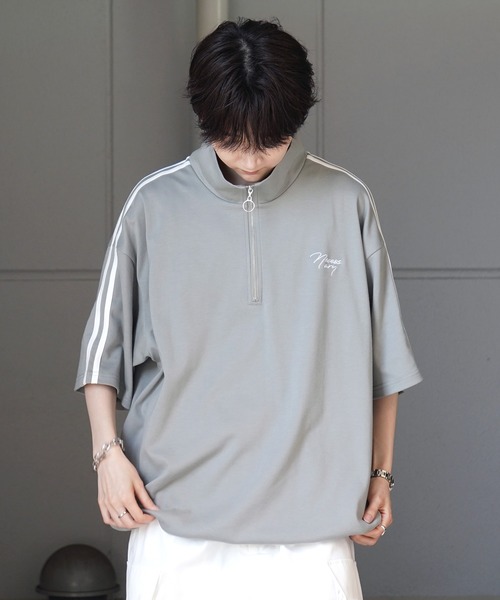 Confirm(コンファーム)の「ナチュラルドレープ とろみポンチ ビッグシルエット ワンポイント刺繍 ドロストハーフジップ半袖Tシャツ カットソー ユニセックス(Tシャツ/カットソー・メンズ・チャコールグレー/グレー/ホワイト/ミント/サックスブルー/ブラック・L/M)」の18枚目の写真
