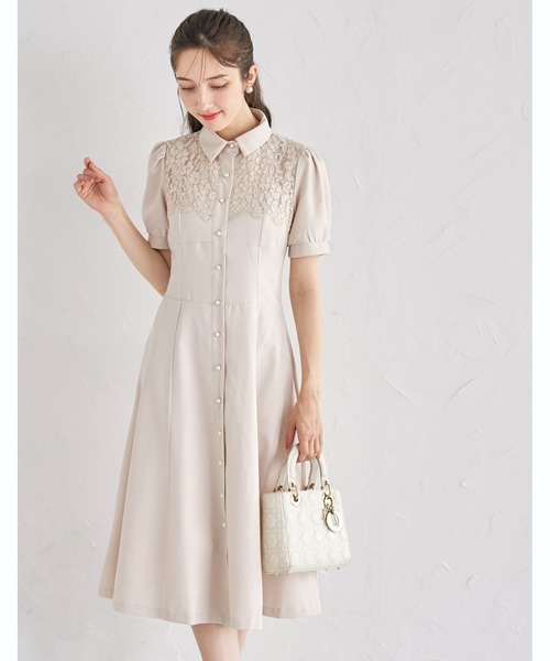 tocco closet（トッコ　クローゼット）の「ヨークレース切り替えバックレースアップ半袖シャツワンピース（ワンピース・レディース・ベージュ/ダークネイビー/ピンク・M）」の2枚目の写真