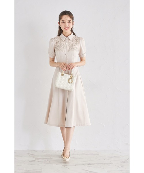 tocco closet（トッコ　クローゼット）の「ヨークレース切り替えバックレースアップ半袖シャツワンピース（ワンピース・レディース・ベージュ/ダークネイビー/ピンク・M）」の4枚目の写真