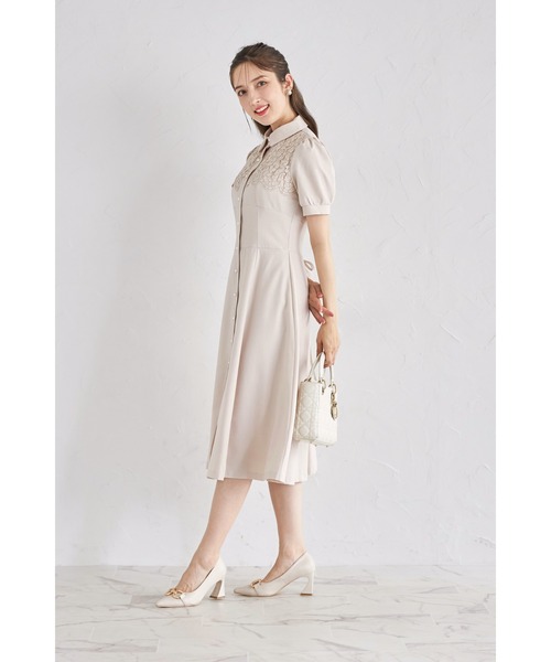 tocco closet（トッコ　クローゼット）の「ヨークレース切り替えバックレースアップ半袖シャツワンピース（ワンピース・レディース・ベージュ/ダークネイビー/ピンク・M）」の5枚目の写真