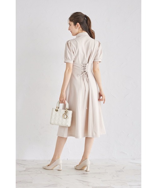 tocco closet（トッコ　クローゼット）の「ヨークレース切り替えバックレースアップ半袖シャツワンピース（ワンピース・レディース・ベージュ/ダークネイビー/ピンク・M）」の6枚目の写真