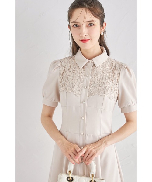 tocco closet（トッコ　クローゼット）の「ヨークレース切り替えバックレースアップ半袖シャツワンピース（ワンピース・レディース・ベージュ/ダークネイビー/ピンク・M）」の7枚目の写真